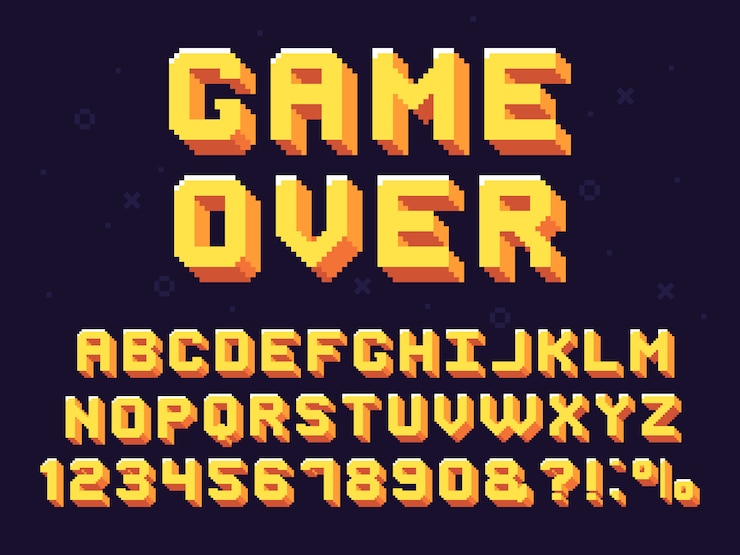 Vector fuente del juego de píxeles. conjunto de texto de juegos retro, alfabeto de juegos de los 90 y letras gráficas de computadora de 8 bits
