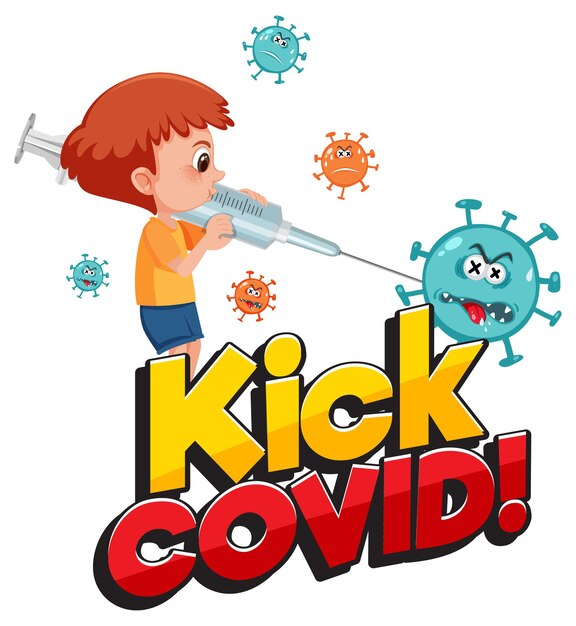 Vector fuente kick covid con un niño con jeringa y personaje de dibujos animados de coronavirus