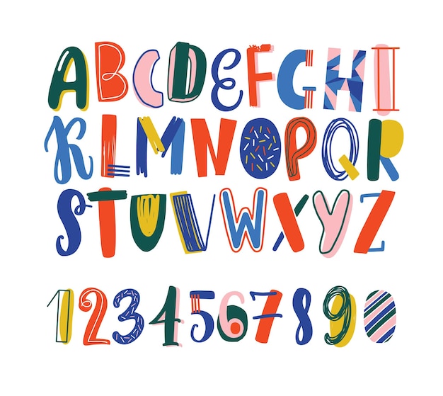 Fuente latina dibujada a mano de colores brillantes o alfabeto inglés para niños decorados con garabatos. letras divertidas dispuestas en orden alfabético y figuras aisladas sobre fondo blanco. ilustración vectorial