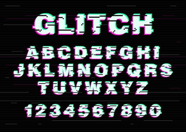 Vector fuente latina o alfabeto inglés escrito con fuente creativa. letras dispuestas en orden alfabético y números con efecto de video dañado, falla electrónica, ruido digital