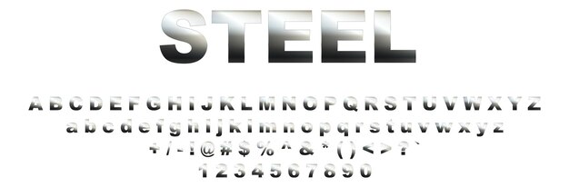 Fuente con letras de acero del alfabeto cromado de textura metálica Tipografía vectorial