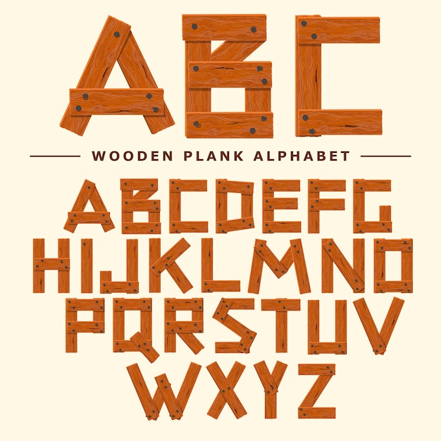 Fuente de madera, tablón Alfabeto de mesa de madera. Viejas tablas con clavos ABC. Vector de estilo de dibujos animados