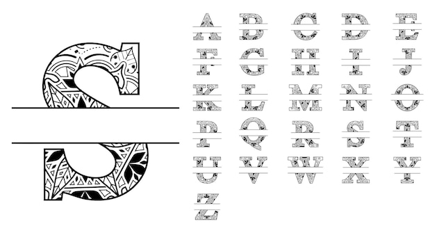 Vector fuente de monograma de letra dividida con mandala