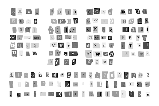 Fuente negra de rescate Notas recortadas anónimas negras letras mayúsculas y minúsculas con puntuación para mensaje y texto criminales Alfabeto recortado de chantaje vectorial