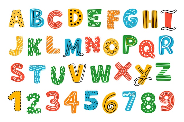 Vector fuente de niños primitivos brillantes letras y números de colores dibujos animados elementos infantiles alfabeto inglés divertido tipografía linda vector setjpg