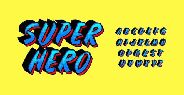 Fuente de onomatopeya de letras dinámicas de superhéroe de alfabeto de cómic para logotipo de dibujos animados y tipografía vintage divertida de titular con diseño de juego de efecto 3d Diseño tipográfico vectorial