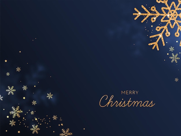 Fuente de oro feliz Navidad con copos de nieve brillantes y estrellas decoradas sobre fondo azul.