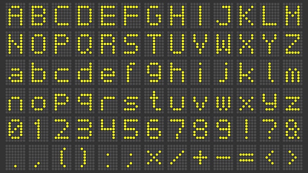 Fuente de pantalla led. Alfabeto de marcador digital, números de signos electrónicos y letras de pantalla eléctrica del aeropuerto