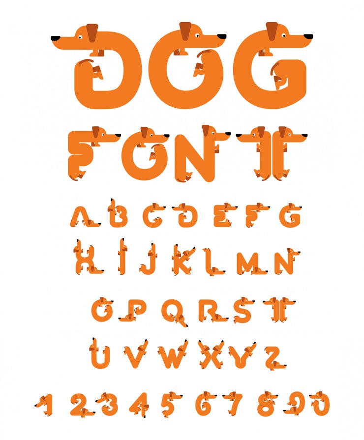 Fuente de perro. Alfabeto dachshund Letras de animales de origen. Mascota ABC