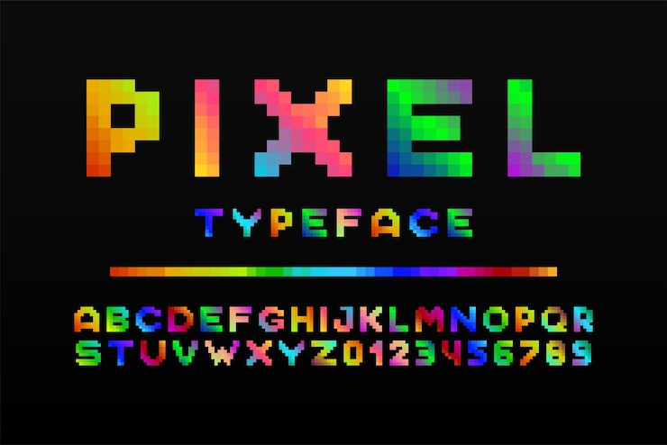 Vector fuente de píxeles coloridos estilo de videojuego alfabeto inglés letras latinas diseño de gradiente holográfico