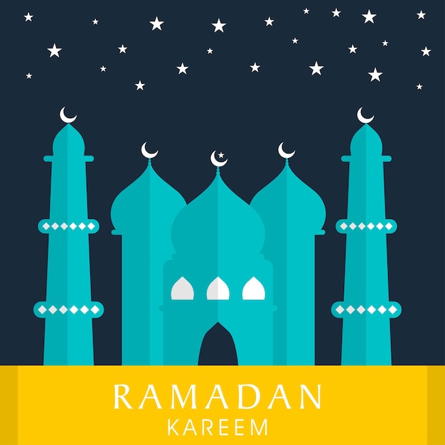 Fuente de Ramadan Kareem con estrellas de ilustración de mezquita decoradas sobre fondo azul y amarillo
