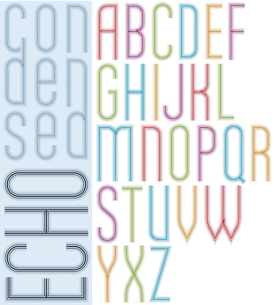Fuente de rayas de eco de póster, letras mayúsculas condensadas transparentes brillantes sobre fondo blanco.