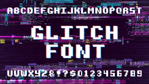 Fuente retro de pixel art en exhibición con efecto de falla de ruido de TV. Juego de computadora vector alfabeto. Error de píxeles de Abc, ilustración vectorial de fuente digital