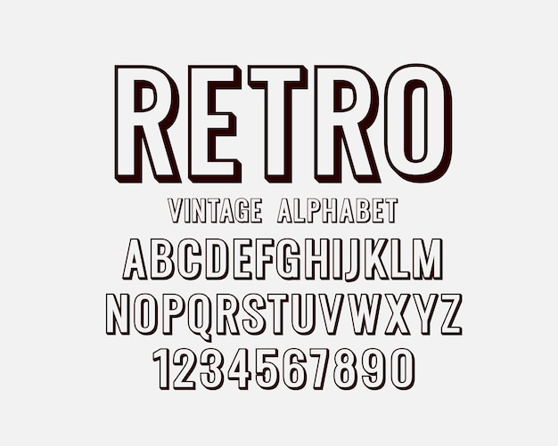 Fuente retro vintage alfabeto símbolo rojo, letras 3d y conjunto de números. Ilustración vectorial