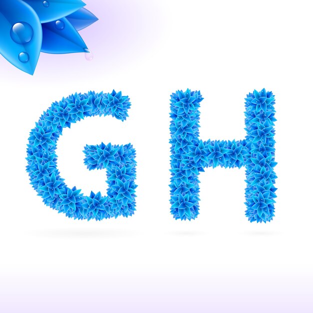 Fuente sans serif con decoración de hojas azules sobre fondo blanco letras G y H