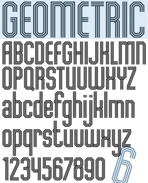 Fuente de tinta con estilo geométrico negro de afiche y números con líneas triples.
