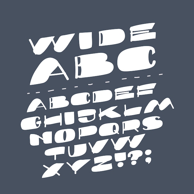 Vector fuente de tipo de dibujos animados vectoriales sobre fondo oscuro letras anchas latinas inclinadas capital inglesa abc