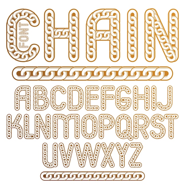 Fuente de tipo vectorial, guión de la A a la Z. Letras creativas mayúsculas hechas con cadena de hierro, conexión enlazada.