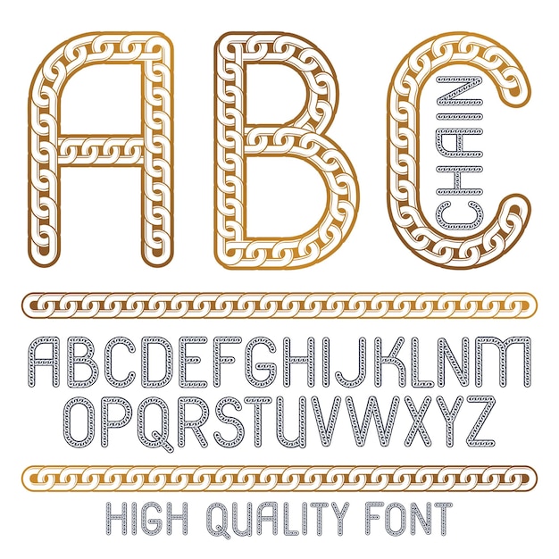 Fuente de tipo vectorial, guión de la A a la Z. Letras decorativas en mayúsculas, abc creadas con un eslabón de cadena conectado de metal.
