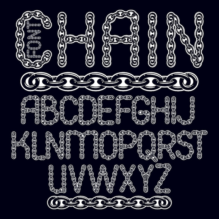 Vector fuente de tipo vectorial, guión de la a a la z. letras decorativas mayúsculas creadas con un eslabón de cadena conectado.