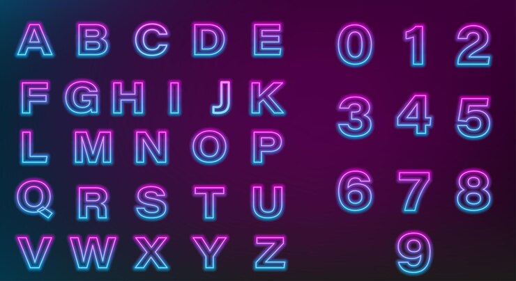 Vector fuente de tubo de neón brillante letras latinas de la a a la z y números del 0 al 9 luz degradada de rosa a azul claro