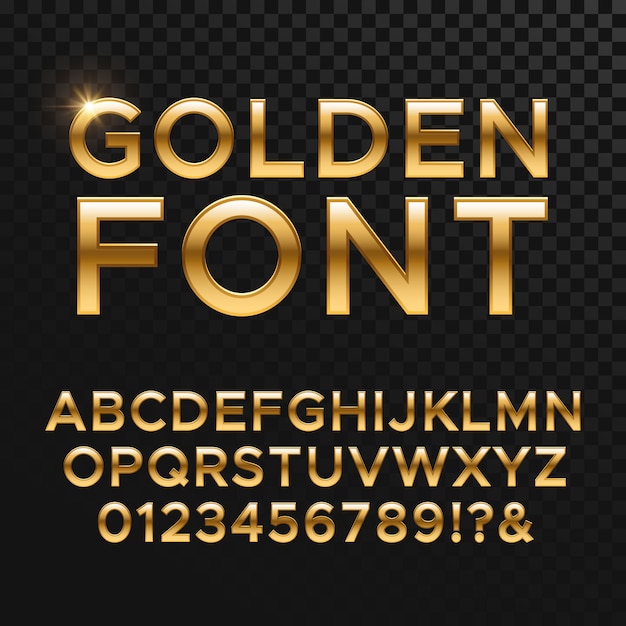 Fuente de vector de oro brillante o alfabeto de oro. tipografía de metal amarillo. abc dorado metálico, ilustración de lujo tipográfico alfabeto