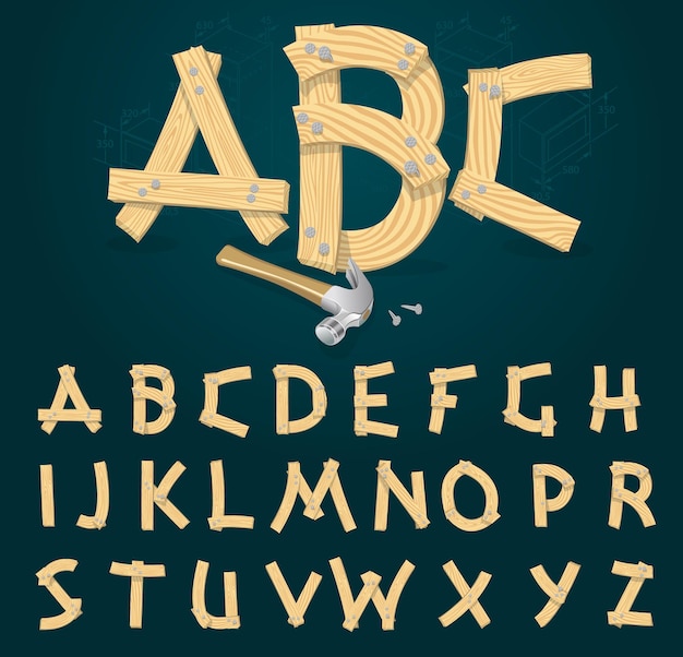 Fuente vectorial estilizada hecha de tablas de madera martilladas con clavos de hierro.