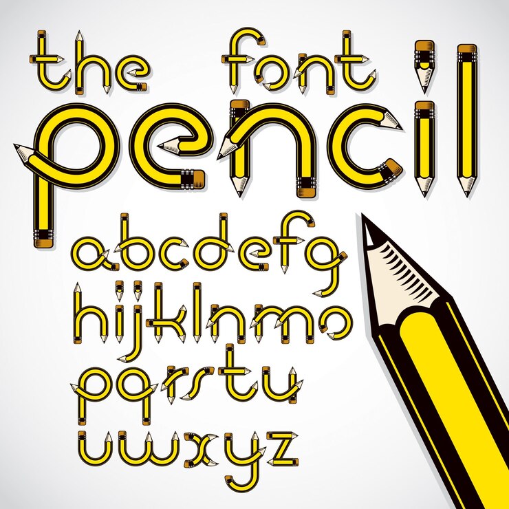 Vector fuente vectorial de la a a la z hecha con lápices, idea de escritura creativa. se puede utilizar como elemento de diseño de logotipo en publicidad comercial de redacción.