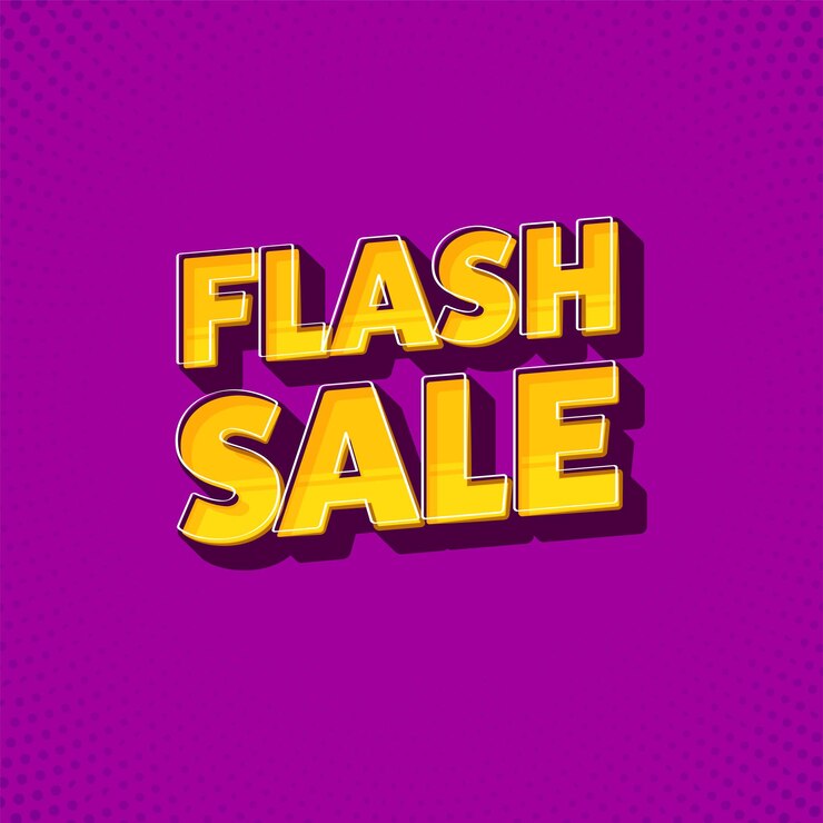 Vector fuente de venta flash amarillo sobre fondo de efecto de semitono magenta oscuro.