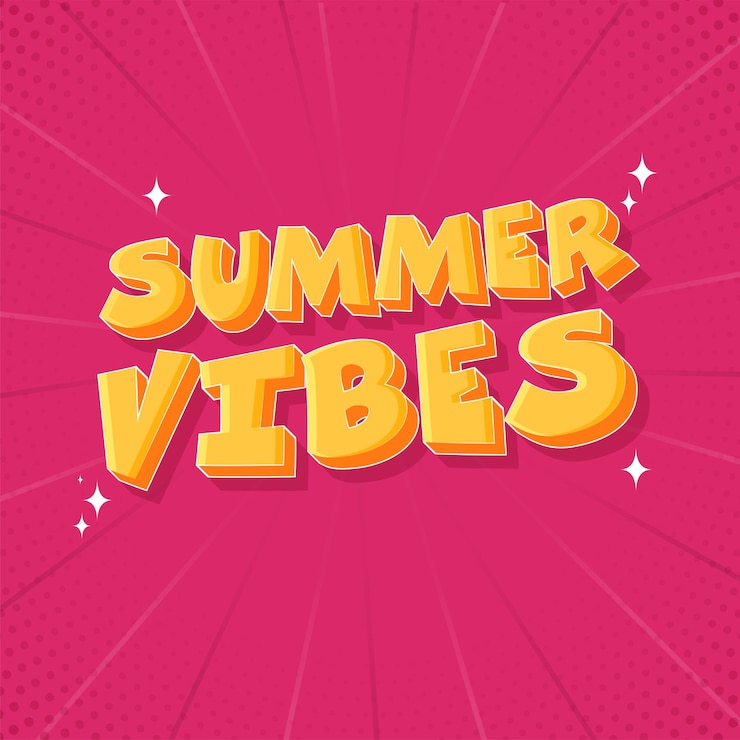 Vector fuente de vibraciones de verano amarillo 3d sobre fondo de efecto de semitono de rayos rosa