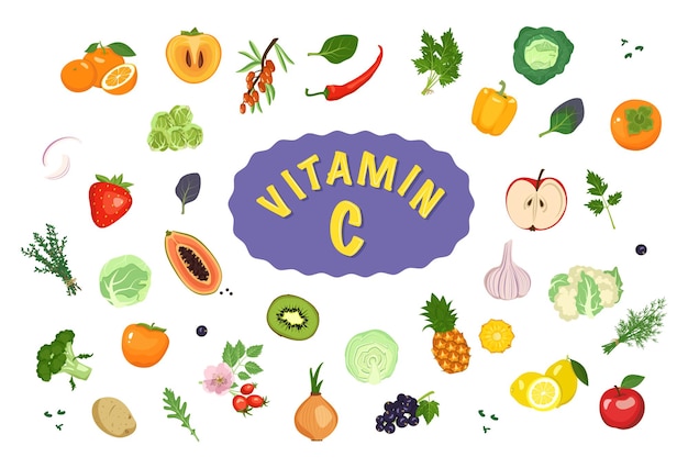 Fuente de vitamina c conjunto de iconos de verduras frutas y hierbas conjunto de alimentos vegetarianos saludables ...