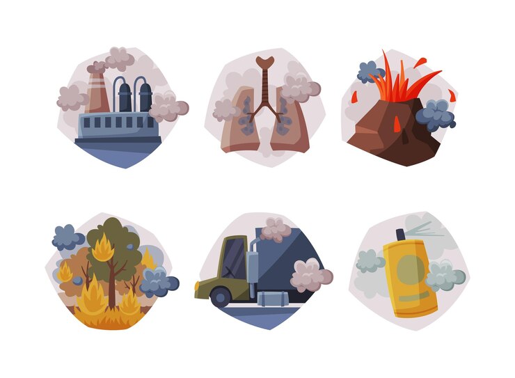 Vector fuentes de contaminación del aire establecidas niebla industrial al aire libre fuegos forestales erupción volcánica ilustración vectorial de dibujos animados