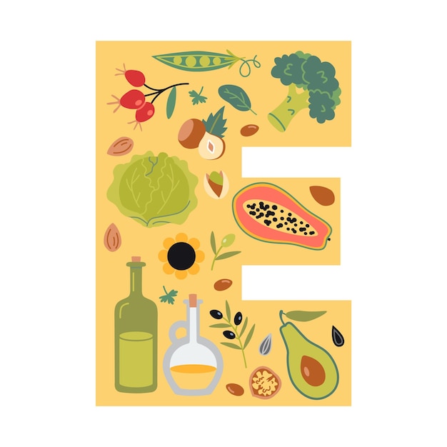 Fuentes de vitaminas E alimentos en forma de letra E Frutas verduras nueces bayas y aceites conjunto Ilustración vectorial de dibujos animados aislados plana
