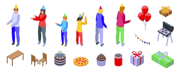 fuera de los iconos de la fiesta de cumpleaños conjunto de vector isométrico comida de pastel