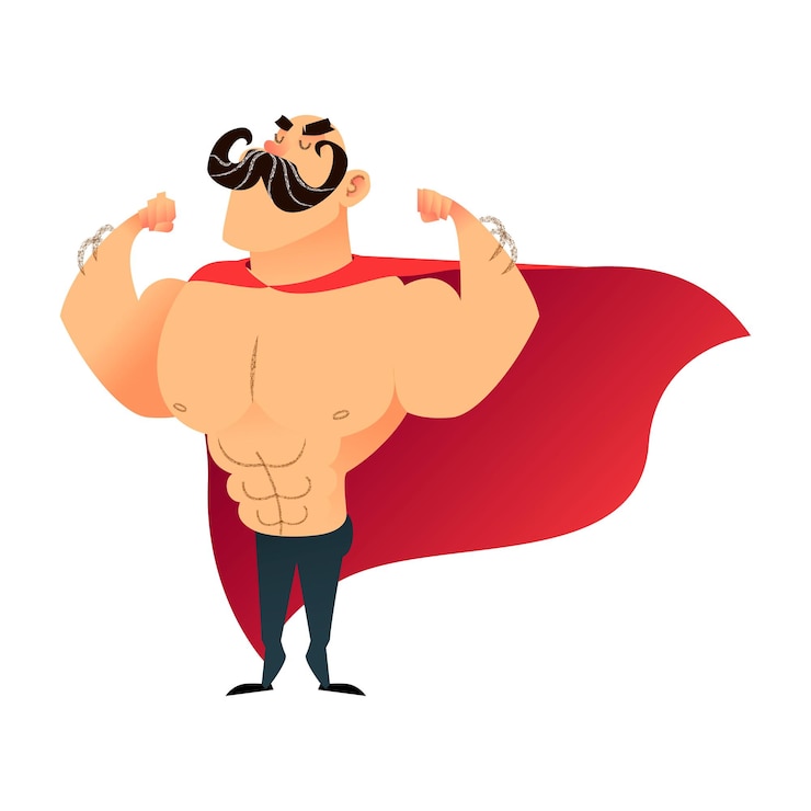 Vector fuerte de dibujos animados divertido superhéroe poder superhéroe hombre con capa plana vector atleta personaje muscular ...