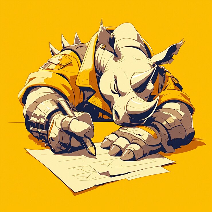 Vector un fuerte escritor de rinocerontes al estilo de dibujos animados
