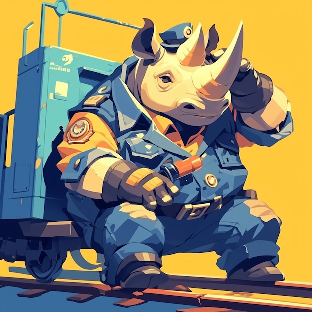 Un fuerte rinoceronte conductor de tren estilo dibujos animados