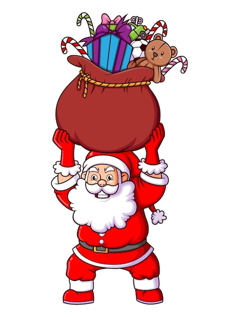 El fuerte santa claus está levantando el gran saco del regalo de navidad para los niños.