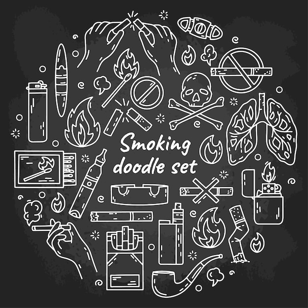 Fumar cigarrillos iconos de tiza vectoriales dibujados a mano en la pizarra