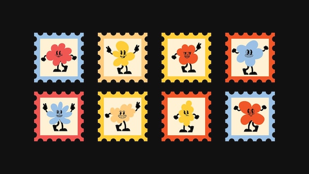 Fun conjunto de diseño vectorial con formas geométricas de sellos postales caricaturas rostros detalles de corazón y símbolos gráficos mínimos ideales para marcas modernas y contenido visual