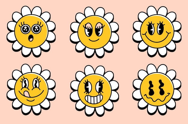 Fun Groovy Retro Flower Emoji Set colorido Estilo de la Colección Groovy