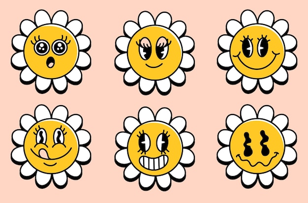 Vector fun groovy retro flower emoji set colorido estilo de la colección groovy