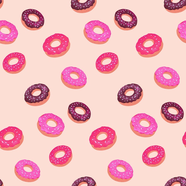 Fun y juguetón patrón rosquillas coloridas con glaseado de rosa y chocolate en un fondo claro