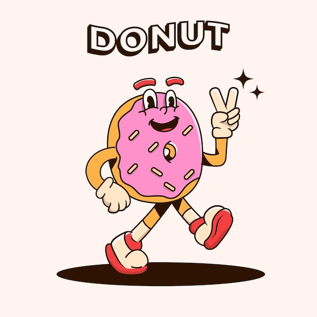 Fun mascota de dibujos animados personaje de rosquilla con glaseado rosado posando con una ilustración de signo de paz