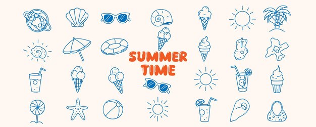 Fun Summer Colección de Doodle dibujado a mano con elementos esenciales de la playa helados cócteles palmeras