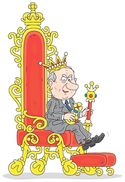 Un funcionario del gobierno con una corona real en un trono real de oro se imaginaba a sí mismo como un gran emperador
