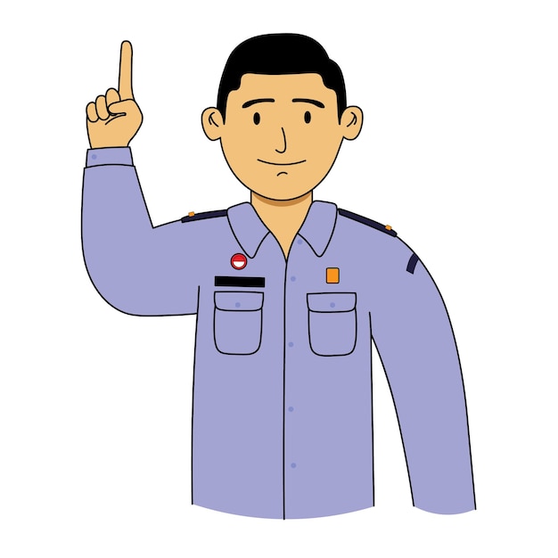 Funcionarios indonesios con uniformes de trabajo azules con ideas y gestos de señalización