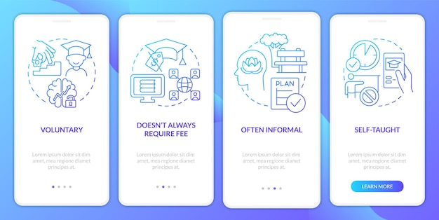 Funciones de aprendizaje permanente Pantalla de la aplicación móvil de incorporación de degradado azul Tutorial Páginas de instrucciones gráficas de 4 pasos con conceptos lineales Plantilla de interfaz gráfica de usuario UI UX Myriad ProBold Fuentes regulares utilizadas
