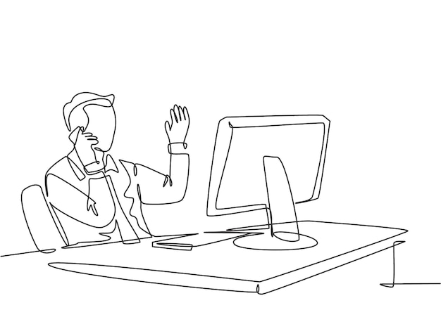 Un fundador de startup de dibujo de línea continua observa el informe de la empresa en la computadora mientras recibe el teléfono