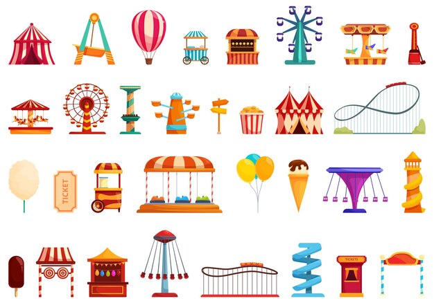 Funfair iconos conjunto de dibujos animados vector parque de atracciones circo tienda carrusel